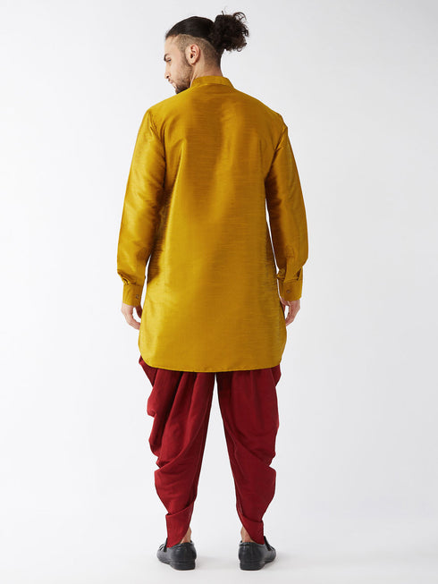 Vastramay Men's Mustard Curved Kurta Dhoti Set